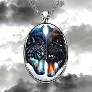 Silver Oval Shaped WOLF Pendant Necklace